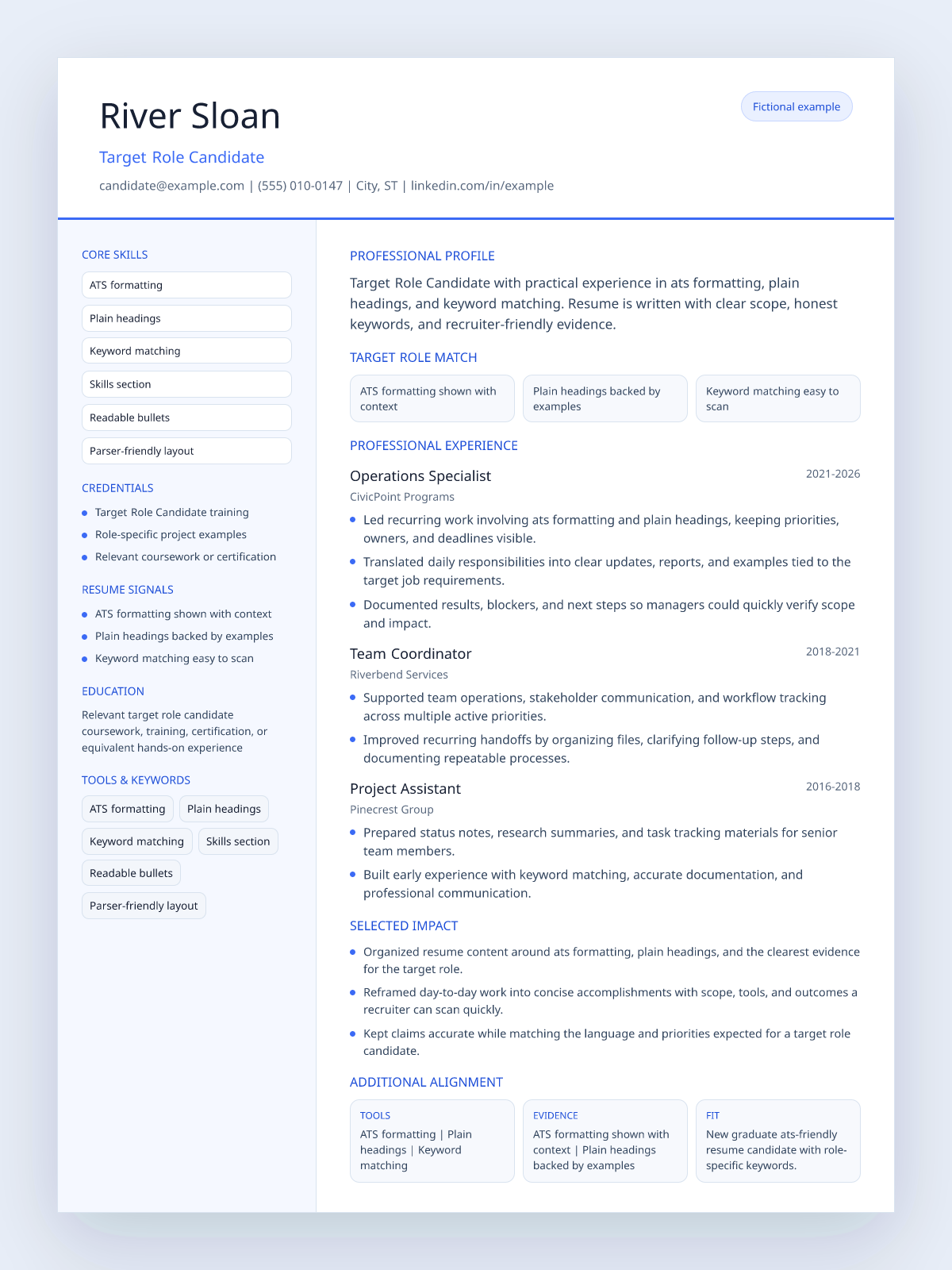 Fictional ats-friendly resume example preview