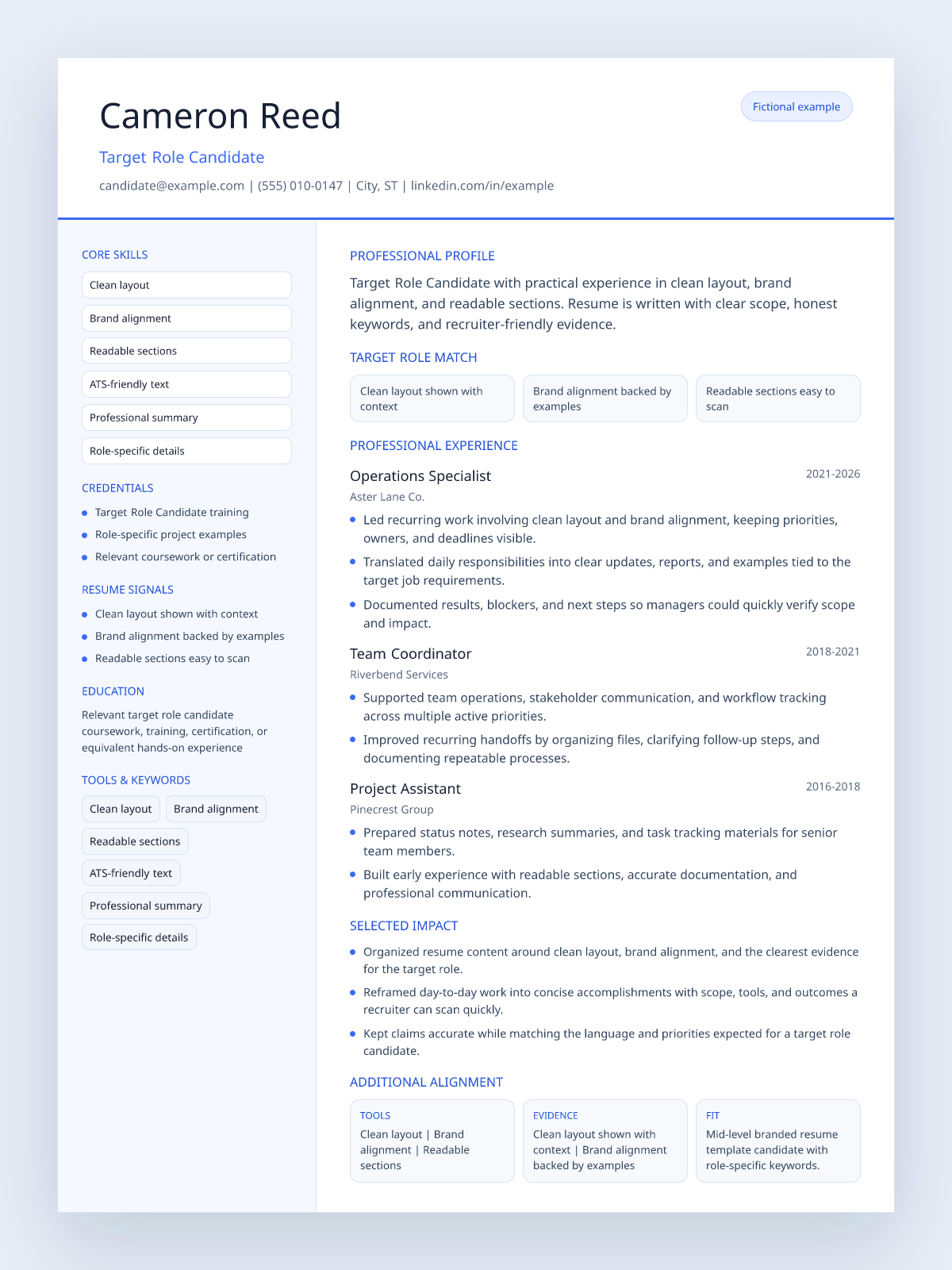 Fictional branded resume template example preview
