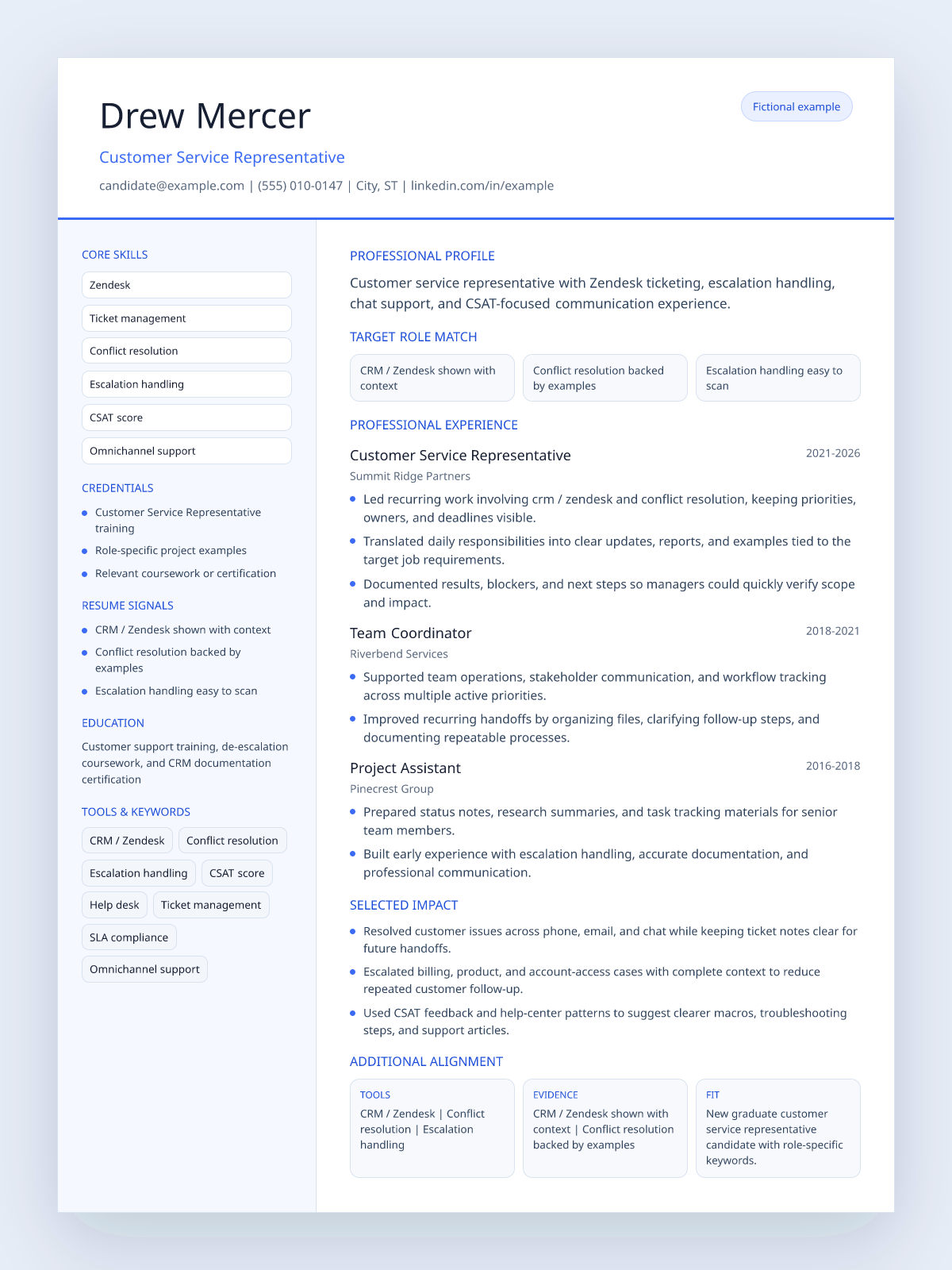 Fictional customer service representative resume example preview