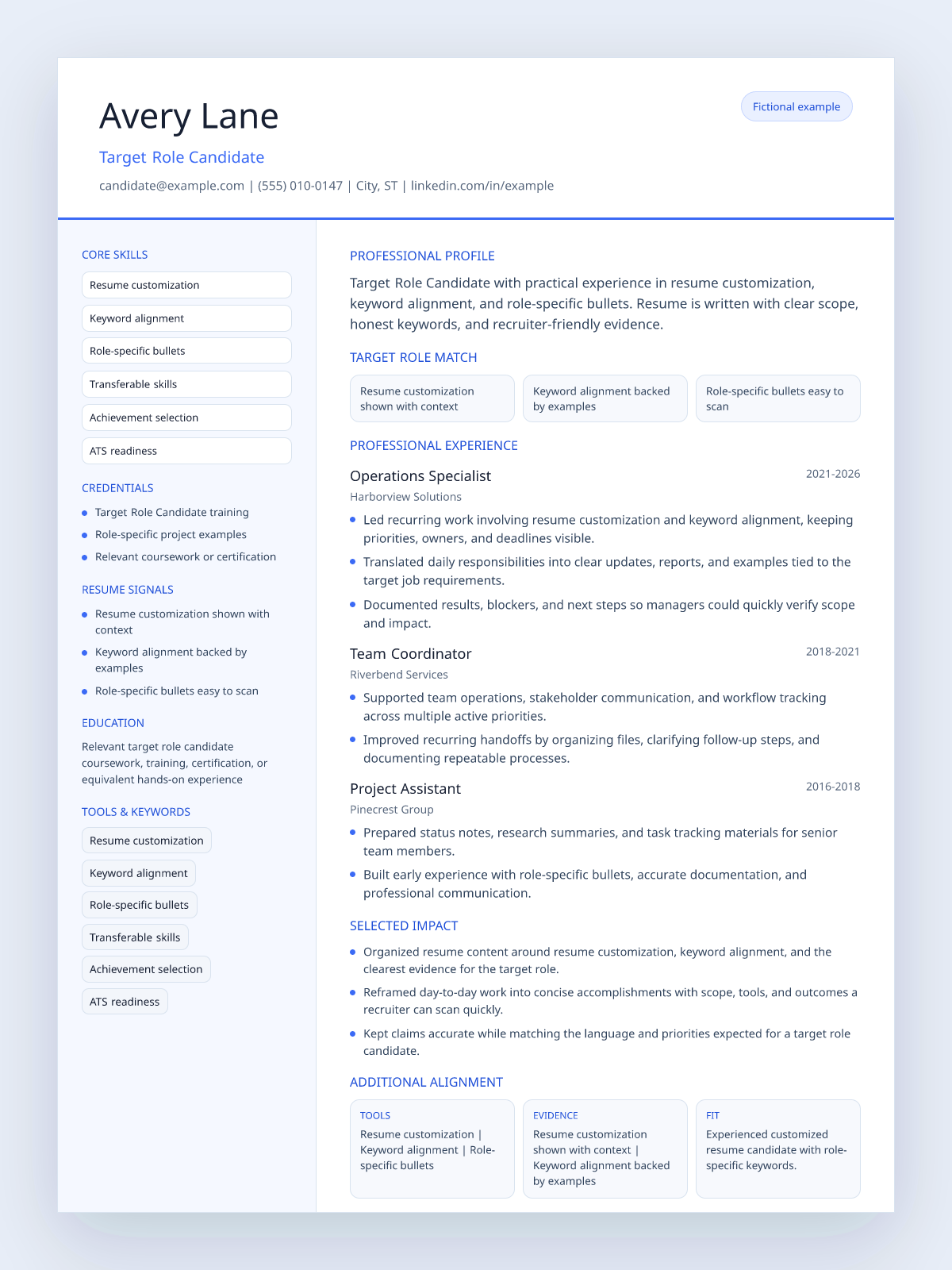 Fictional customized resume example preview