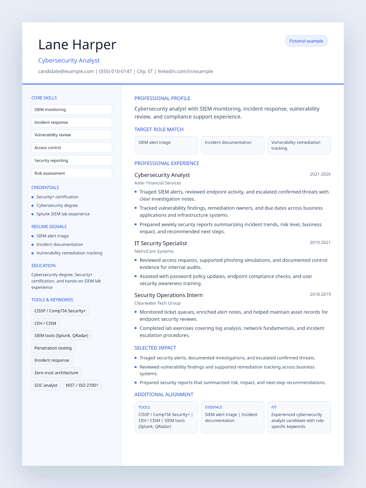 Fictional cybersecurity analyst resume example preview
