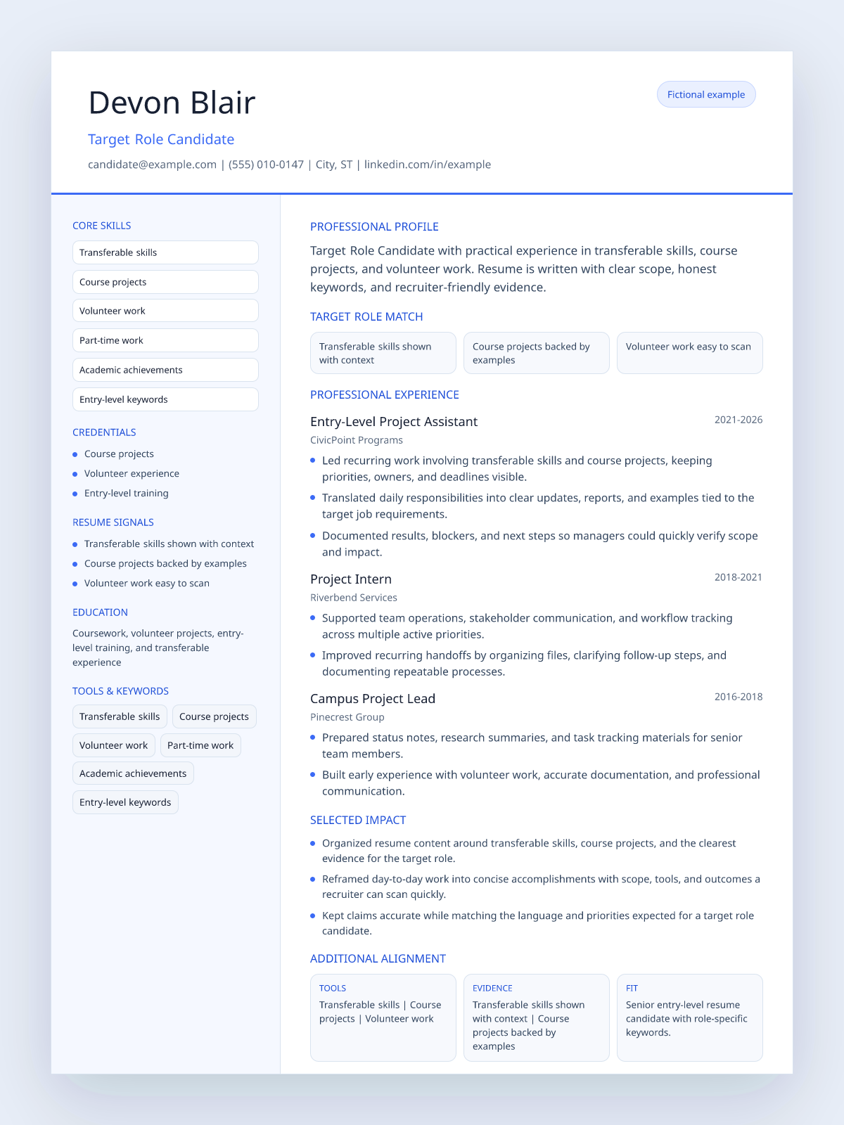 Fictional entry-level resume example preview