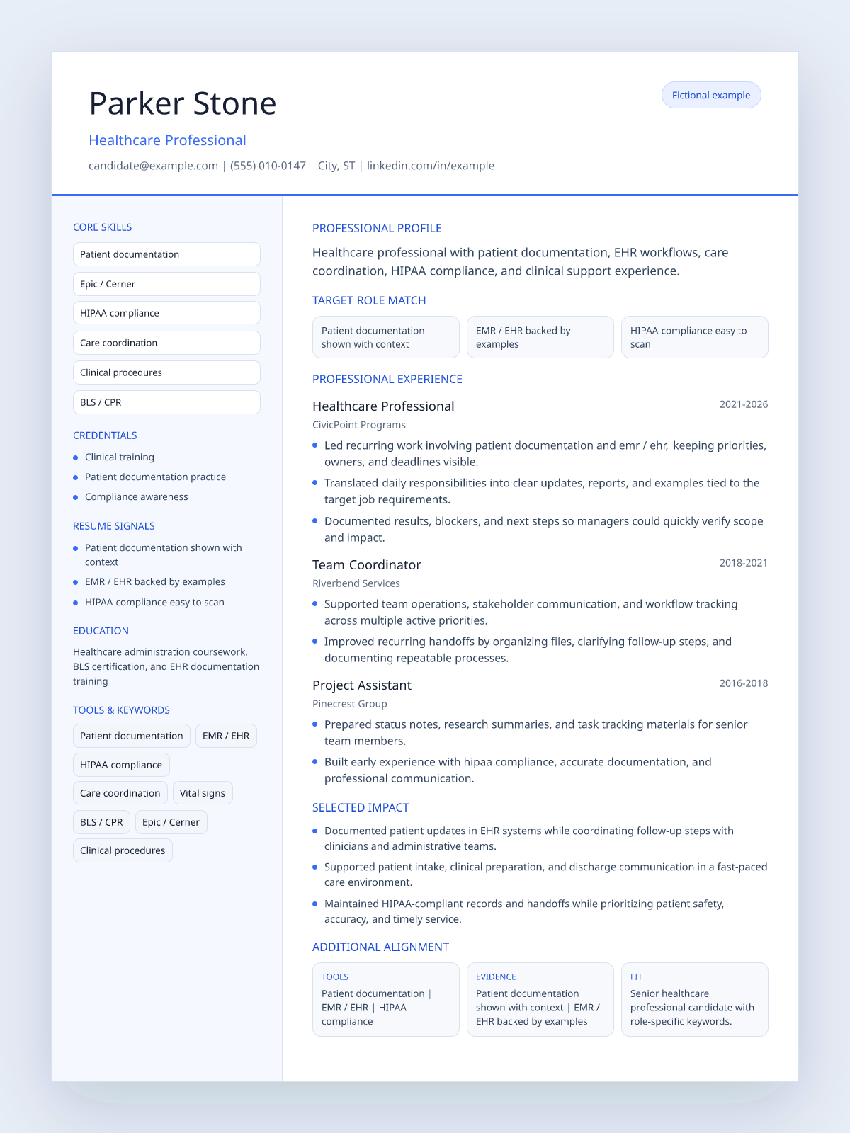 Fictional healthcare professional resume example preview