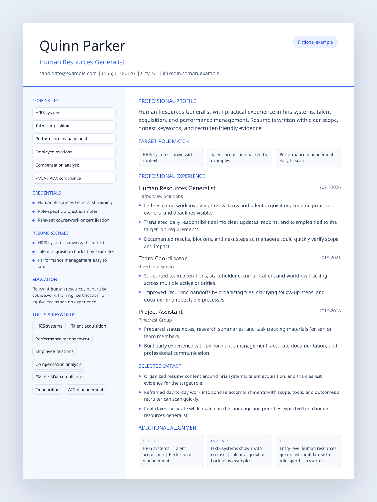 Fictional human resources generalist resume example preview