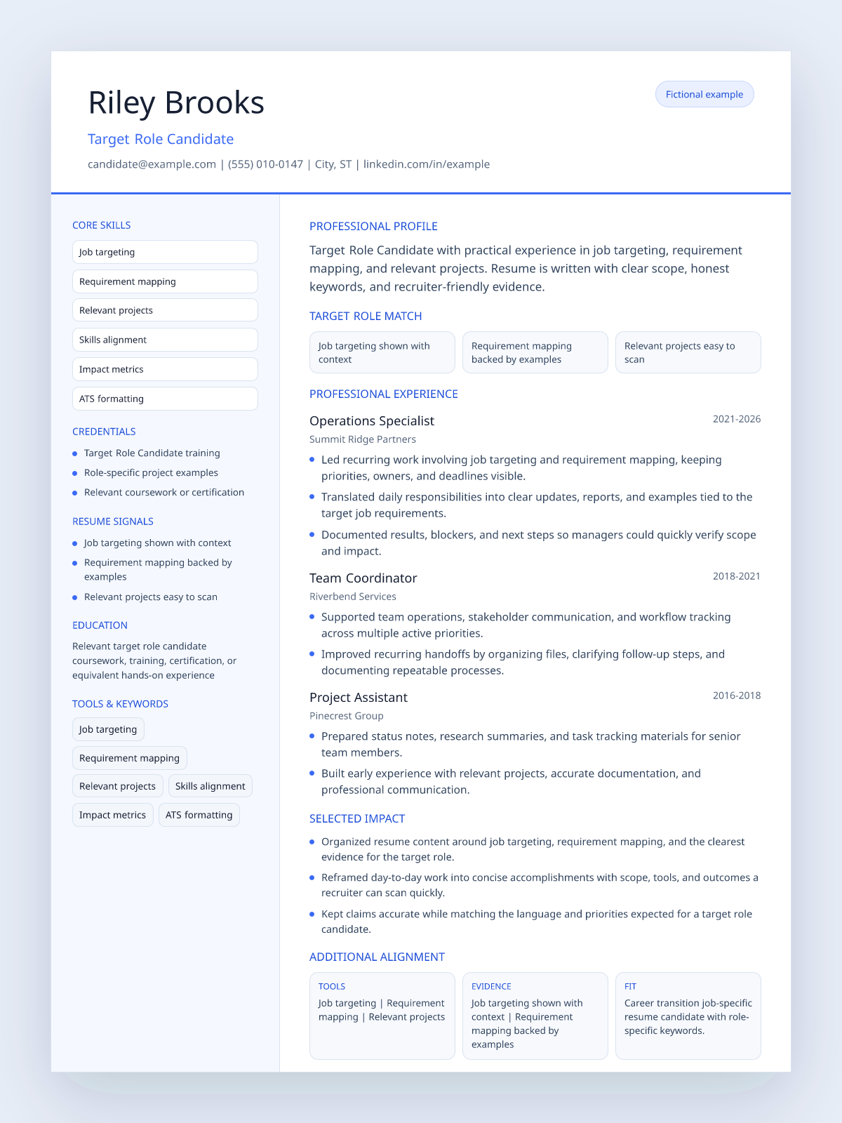 Fictional job-specific resume example preview