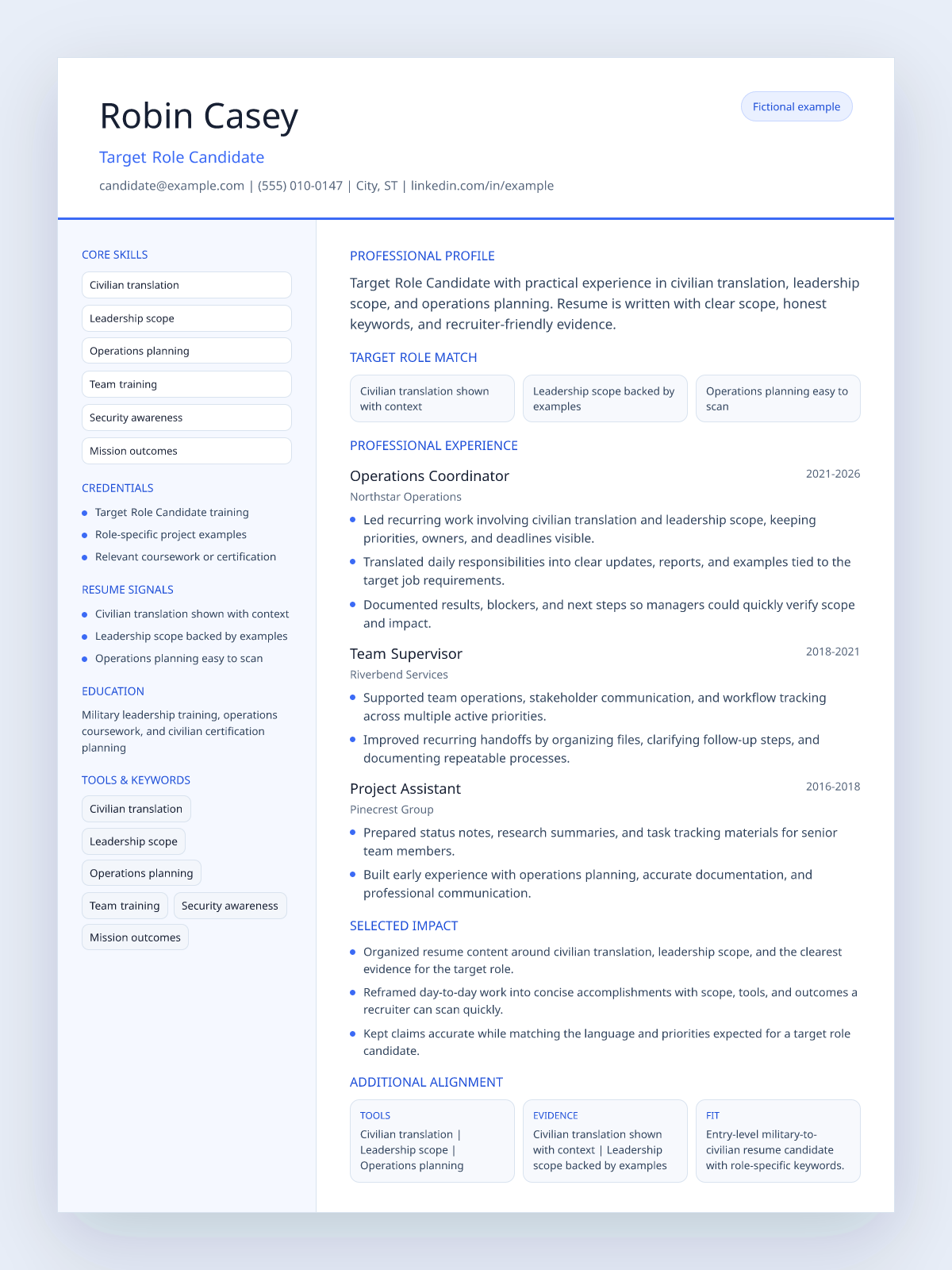 Fictional military-to-civilian resume example preview