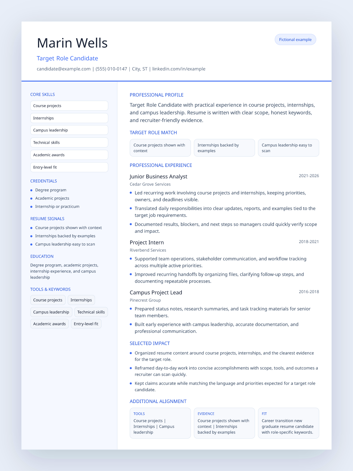 Fictional new graduate resume example preview