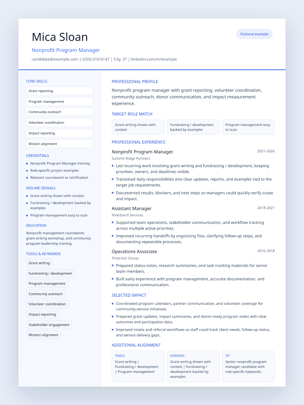Fictional nonprofit program manager resume example preview