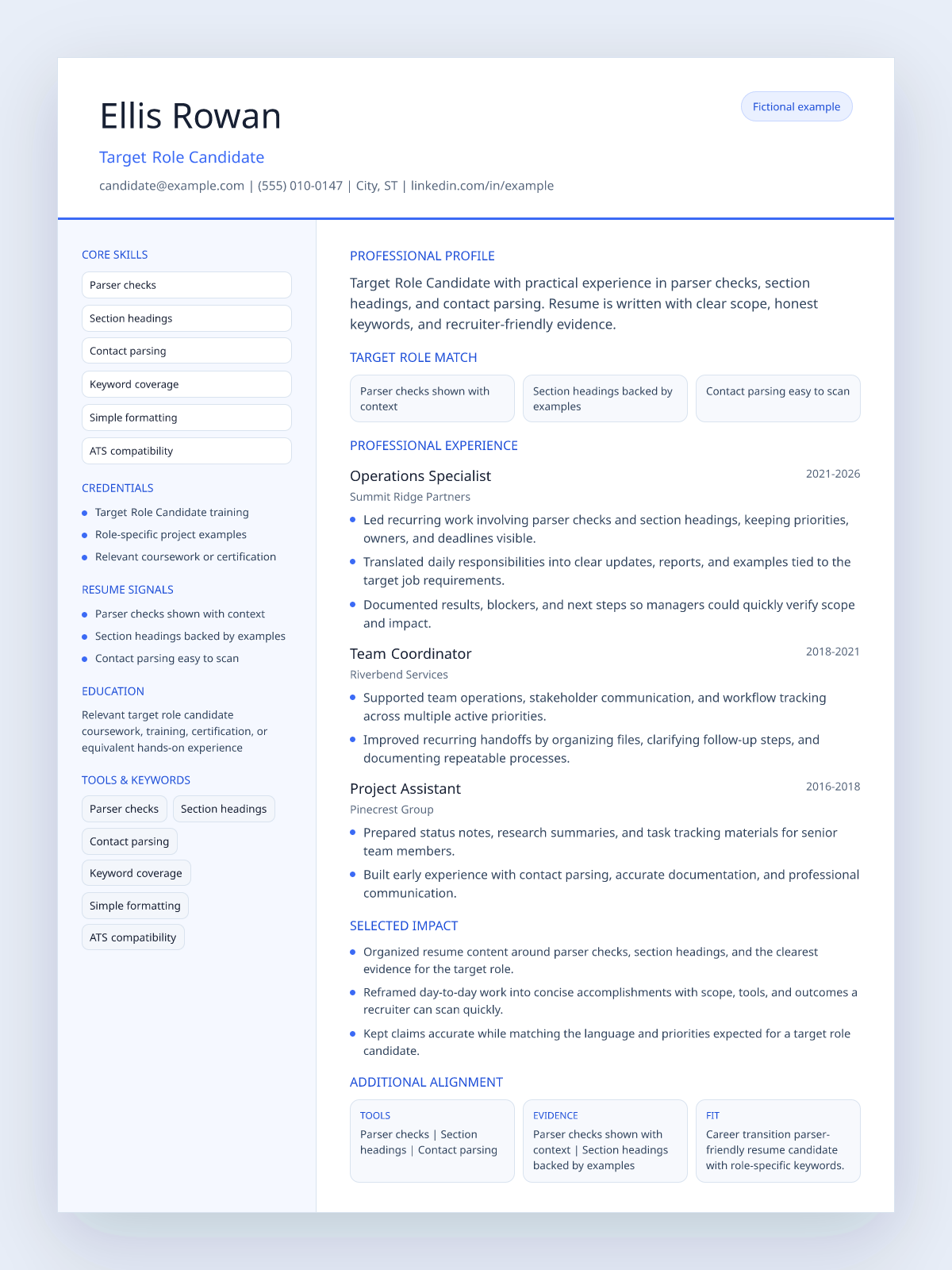 Fictional parser-friendly resume example preview
