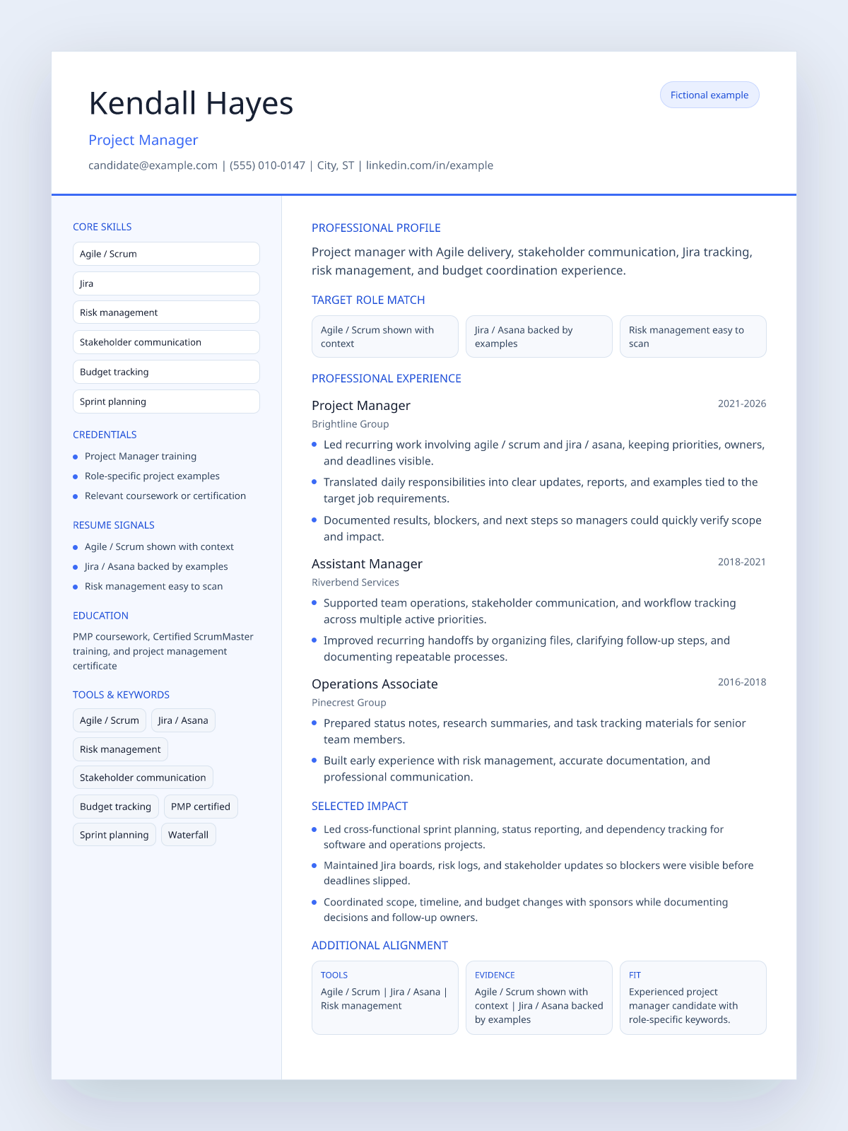 Fictional project manager resume example preview