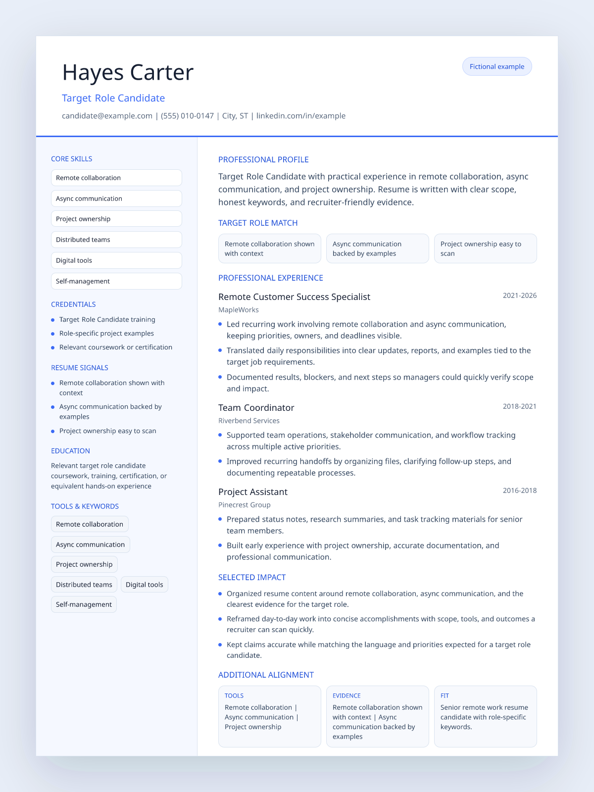Fictional remote work resume example preview