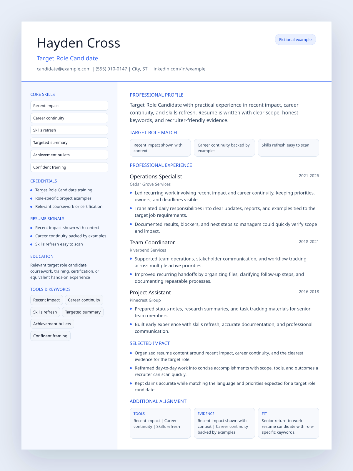 Fictional return-to-work resume example preview