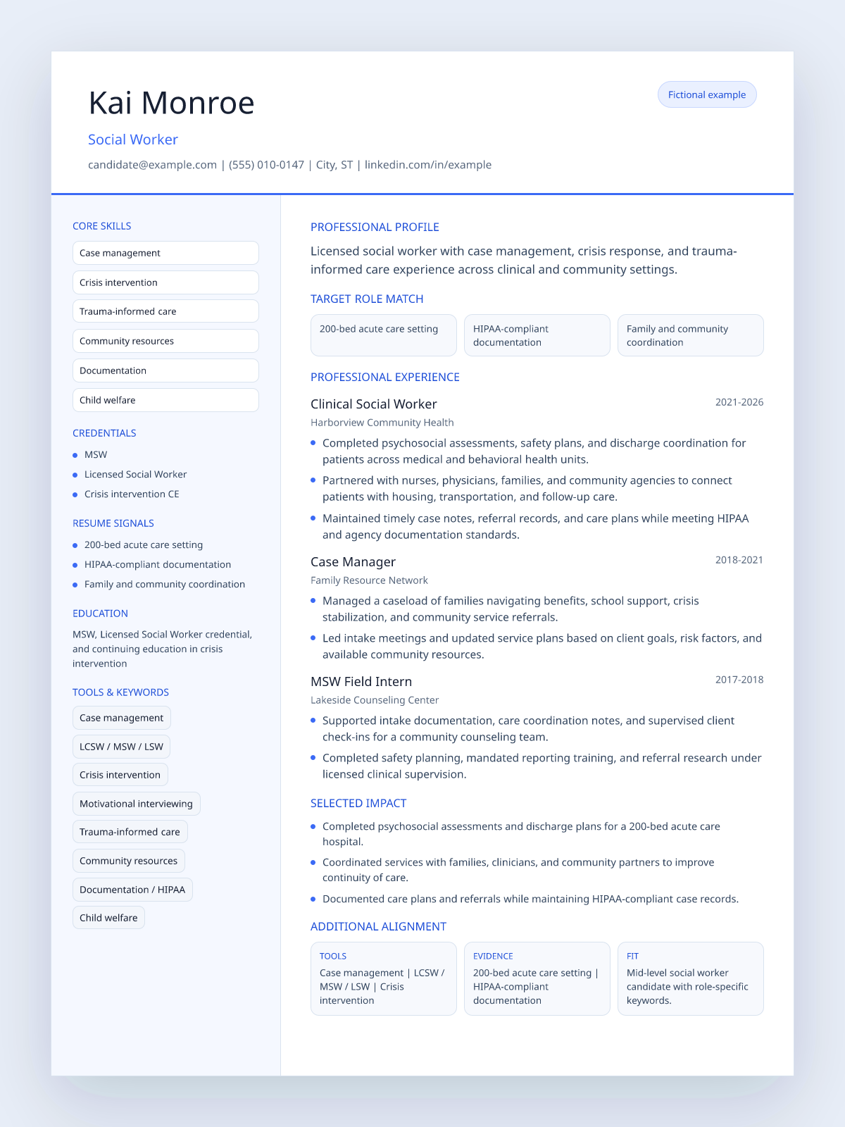 Fictional social worker resume example preview