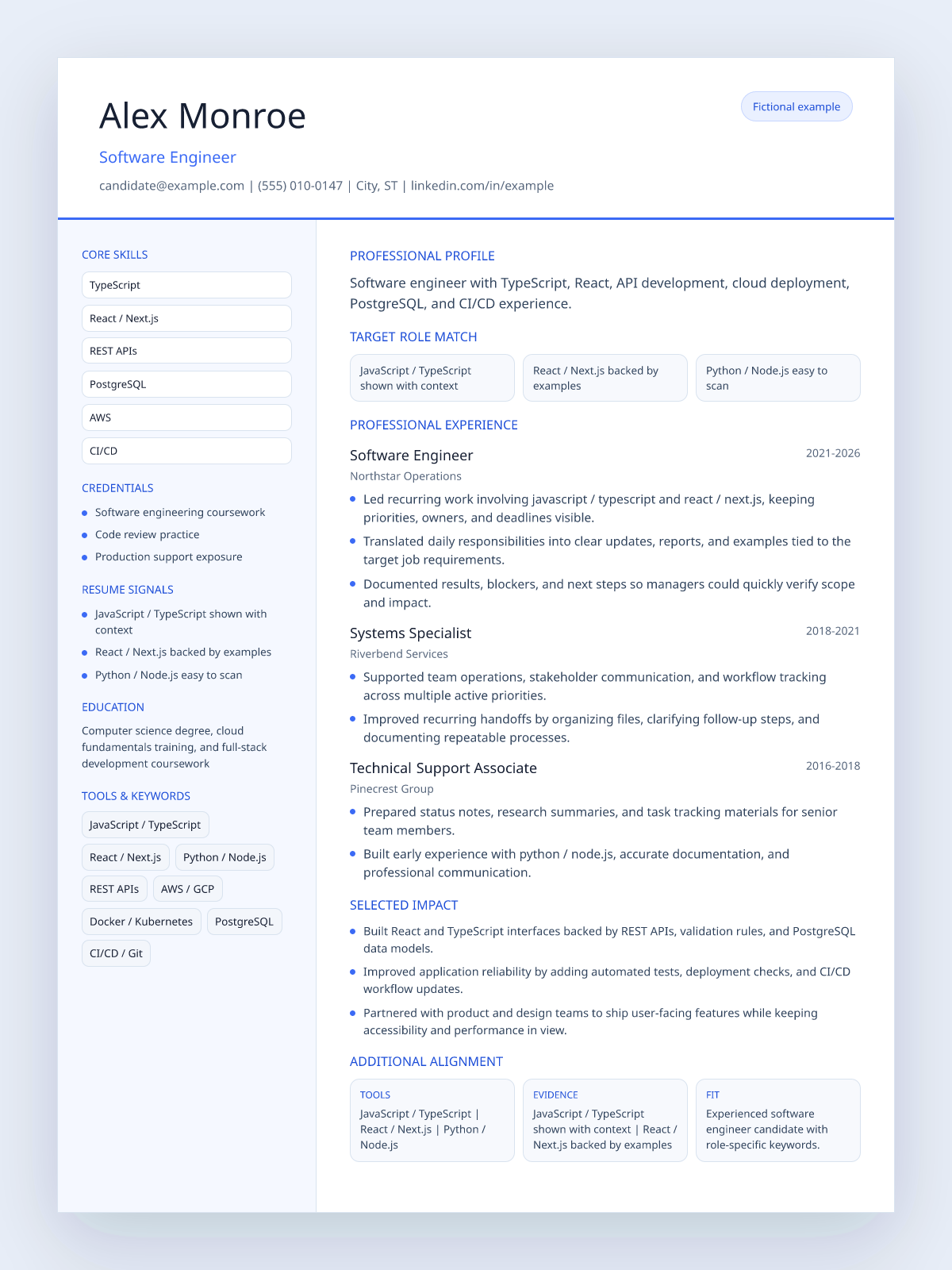 Fictional software engineer resume example preview