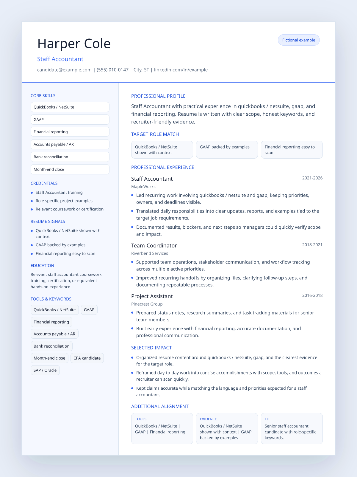 Fictional staff accountant resume example preview