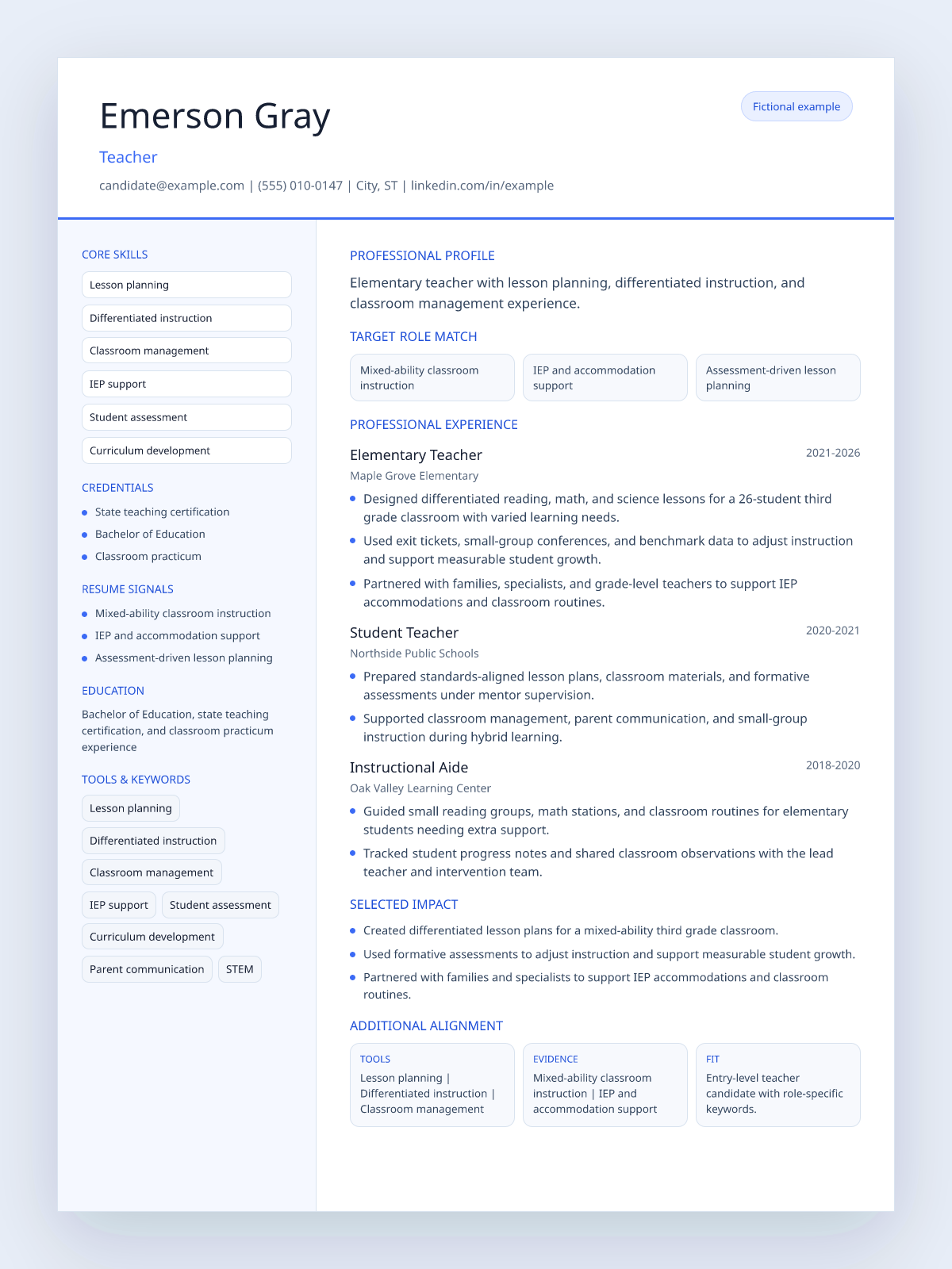 Fictional teacher resume example preview