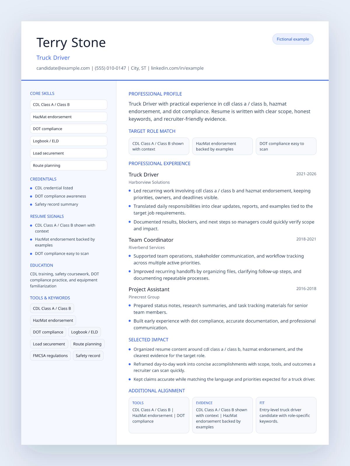 Fictional truck driver resume example preview